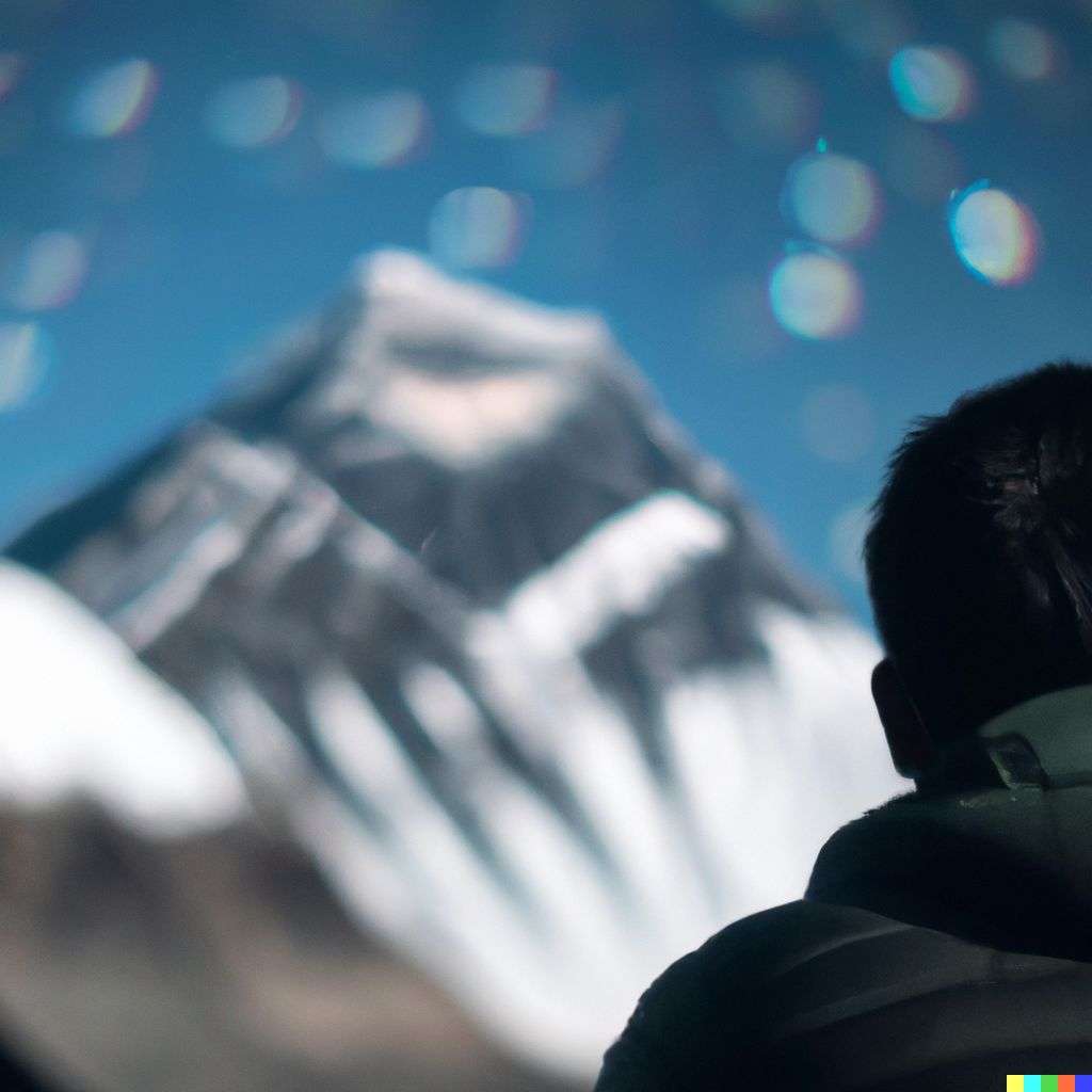 someone gazing at Mount Everest, photograph, extreme bokeh